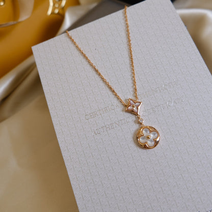 [Vicky]STAR AND SUN WHITE MOP 2 MOTIF PINK GOLD NECKLACE